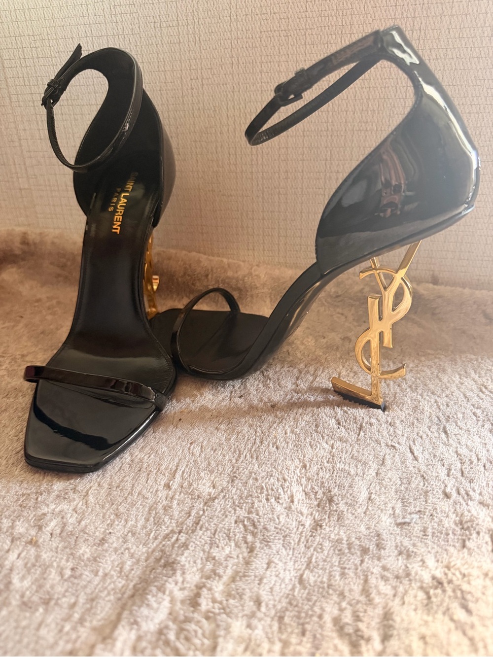 Saint Laurent Black Patent Leather Square-Toe Ankle-Strap Heels - Picture 2 of 5
